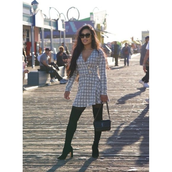 DAIMARAN Jordania Suit Matching Set 2 Pieces Plaid Gray Jacket + Mini Skirt M - Picture 1 of 4